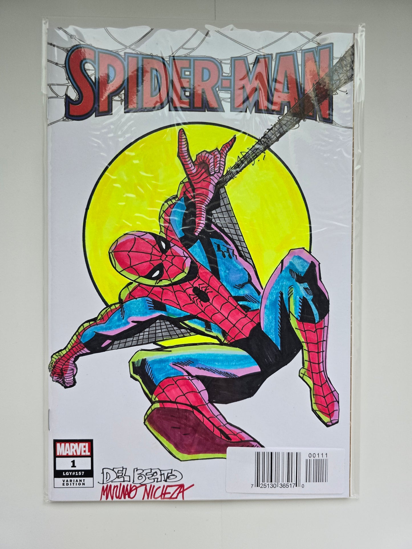 DF MARVEL COMICS COMMISSIONED COVER ART SIGNED AND REMARKED BY MARIANO NICIEZA AND JOE DELBEATO WITH A SPIDER-MAN SKETCH