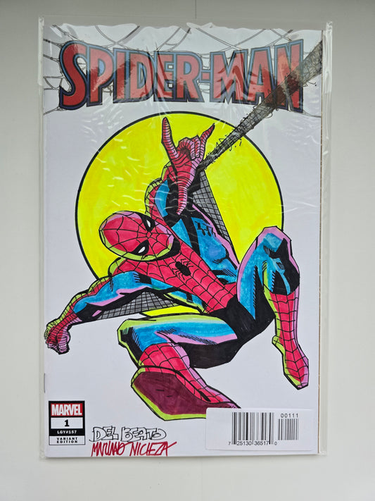 DF MARVEL COMICS COMMISSIONED COVER ART SIGNED AND REMARKED BY MARIANO NICIEZA AND JOE DELBEATO WITH A SPIDER-MAN SKETCH