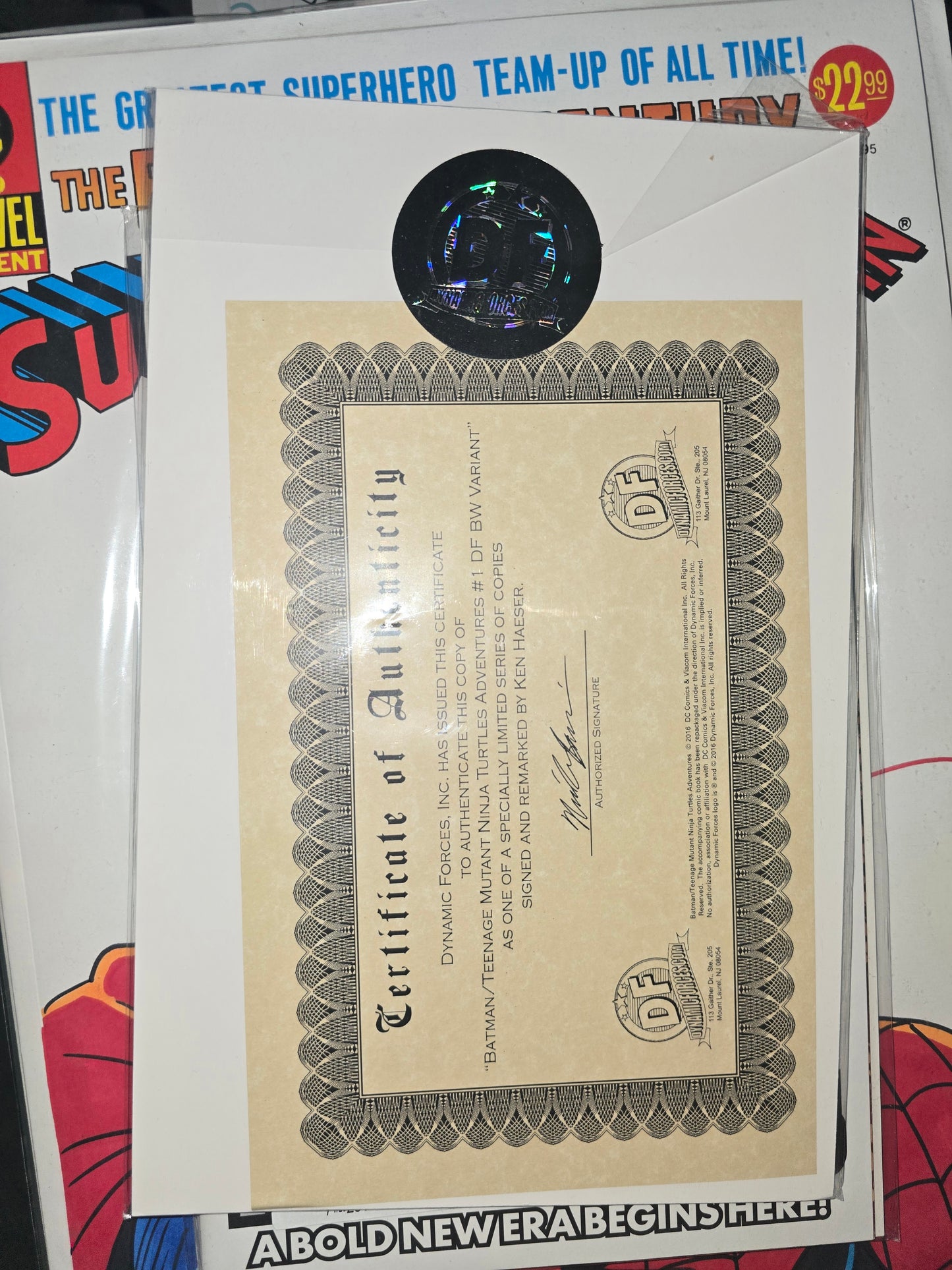 SIGNED!! BATMAN/TEENAGE MUTANT NINJA TURTLES ADVENTURES #1 DF EXCLUSIVE B/W VARIANT SIGNED AND REMARKED BY KEN HAESER WITH A BATMAN HEAD SKETCH