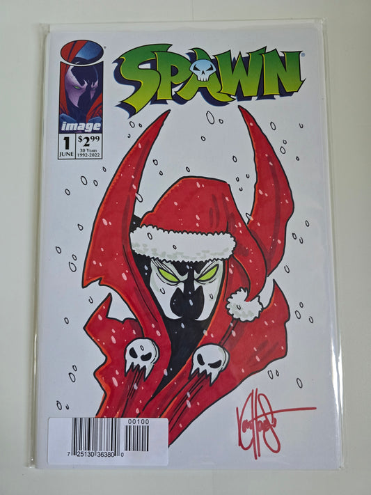 DF SPAWN #1 30TH ANNIVERSARY BLANK VARIANT SIGNED AND REMARKED BY KEN HAESER WITH A SANTA SPAWN SKETCH